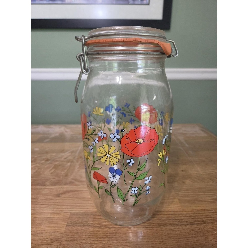 Vintage R Carman Floral 2L Glass Canister with Wire Bail Poppies Wildflower